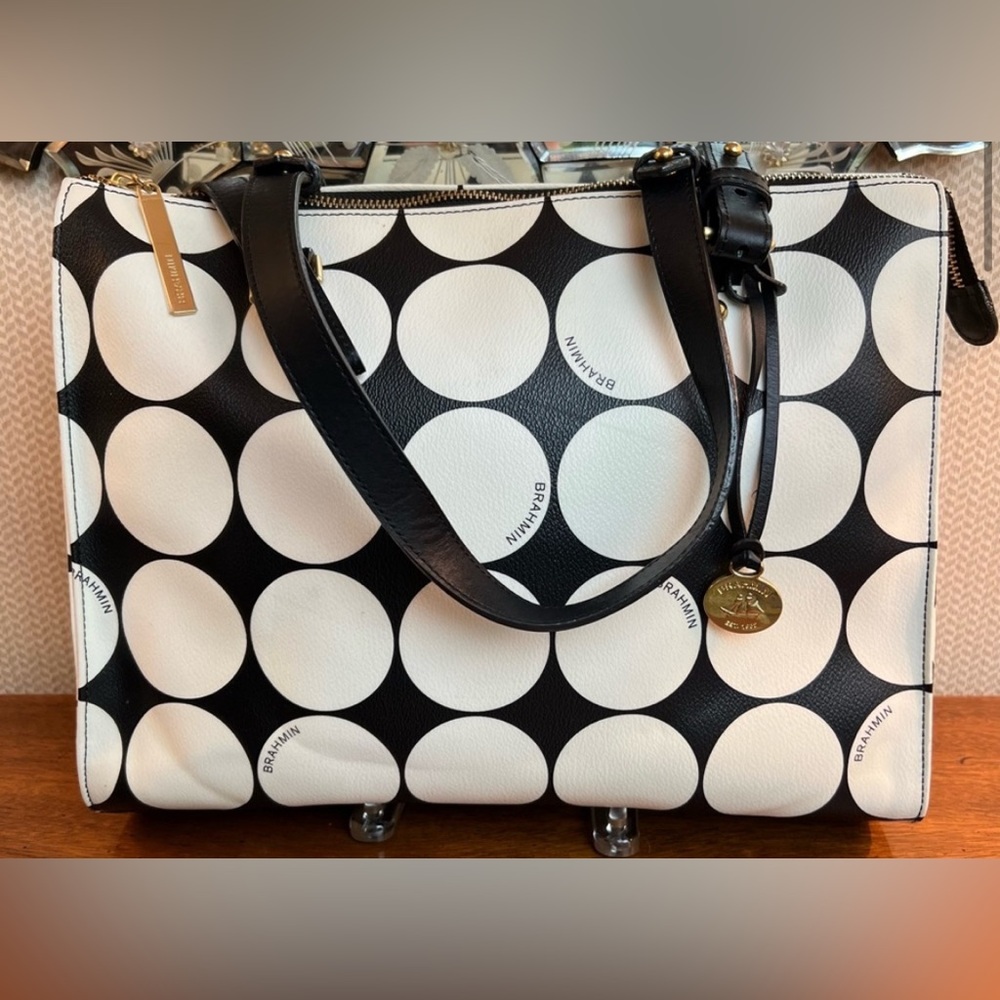Slightly used Brahmin Black and White Polka Dot Medium Asher